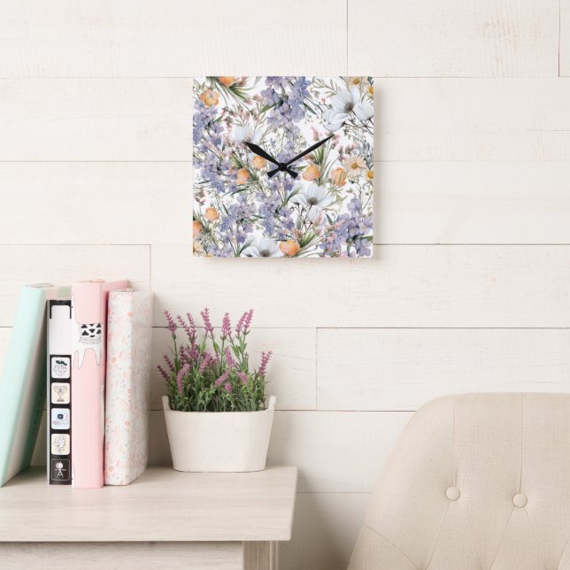 Botanische Pastellfarben Wildblume Blütensommer Quadratische Wanduhr (Lesesaal)
