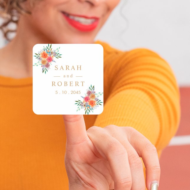 Botanische Personalisierte Hochzeit mit rustikaler Quadratischer Aufkleber (Von Creator hochgeladen)