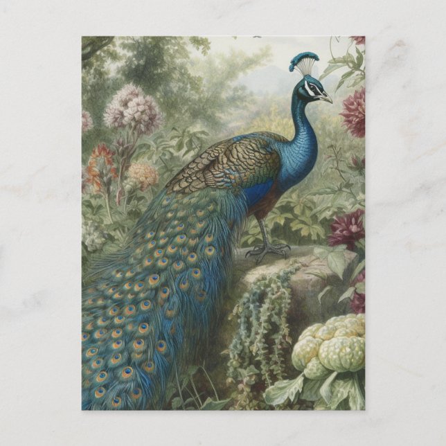 Botanische Pfauenlandschaft in einem englischen Ga Postkarte (Vorderseite)