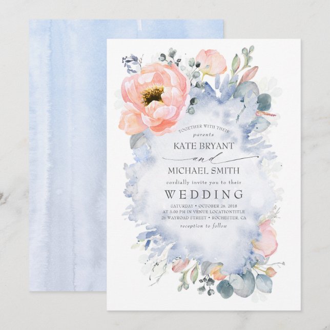 Botanische Pfirsichställe Blume Dusty Blue Wedding Einladung (Vorne/Hinten)