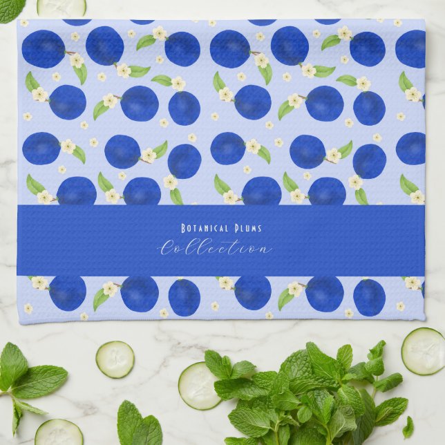 Botanische Pflaumen-Kollektion Blau Geschirrtuch (Gefaltet)