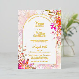Botanische Pink Orange Aquarell Blumenhochzeit Folieneinladung