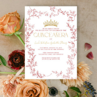 Botanische Quinceñera, moderne Rote Gold Einladung