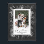 Botanische Rahmen Chalkboard Frohe Weihnachtsfeier Feiertagspostkarte<br><div class="desc">Frohe Weihnachten! Schick Weihnachten Grüße mit diesem Vintagen Thema Weihnachten Postkarte. Es zeigt Vintage Linien von Pinecones, Kiefernnadeln und Hollies mit einem Imitat Chalkboard Hintergrund. Personalisieren Sie Ihre Daten, indem Sie Foto, Namen, Jahr und Nachricht hinzufügen. Diese rustikale Weihnachtskarte für das Weihnachtsgeschirr ist in anderen Fotos erhältlich. Matching-Elemente sind verfügbar....</div>