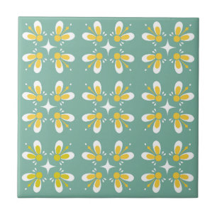 Botanische Retro-Blume auf Turkos-Hintergrund Fliese
