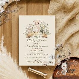 Botanische Ribbon Babydusche aus Cream Sheep Lamb Einladung