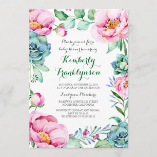 Botanische rosa BlumenAquarell-Babyparty Einladung
