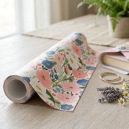Botanische rosa Kosmos und blaue Wildblumen Geschenkpapier