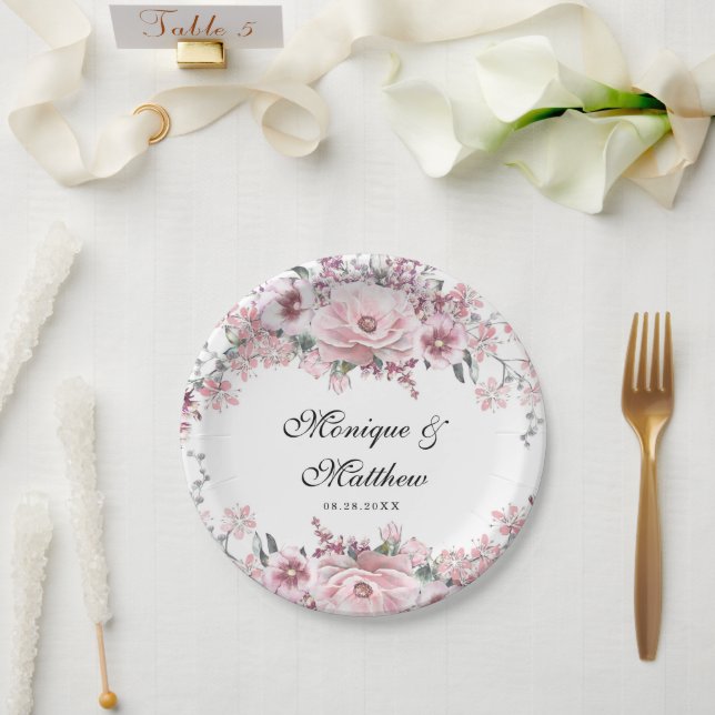 Botanische Rose Gold Florals und Eukalyptus Weddin Pappteller (Hochzeit)