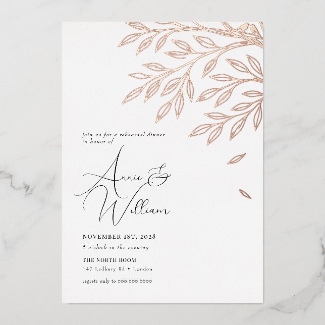 Botanische Rose Gold Leaf Probe Abendessen Folieneinladung (Vorderseite)
