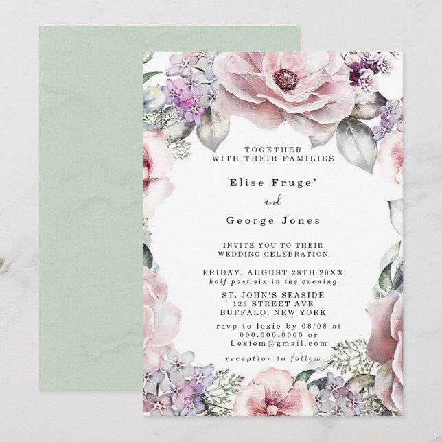 Botanische Rose Goldflorale und Eukalyptus-Hochzei Einladung (Vorne/Hinten)