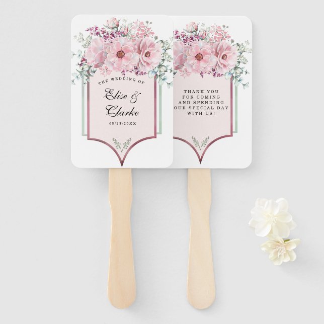 Botanische Rose Goldflorale und Eukalyptus-Hochzei Fächer (Vorne und Hinten)