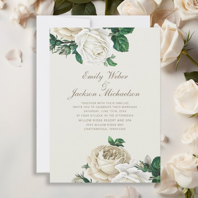 Botanische Rose Hochzeit mit weißer Blüte Einladung (Elegant white vintage roses and greenery wedding invitation)