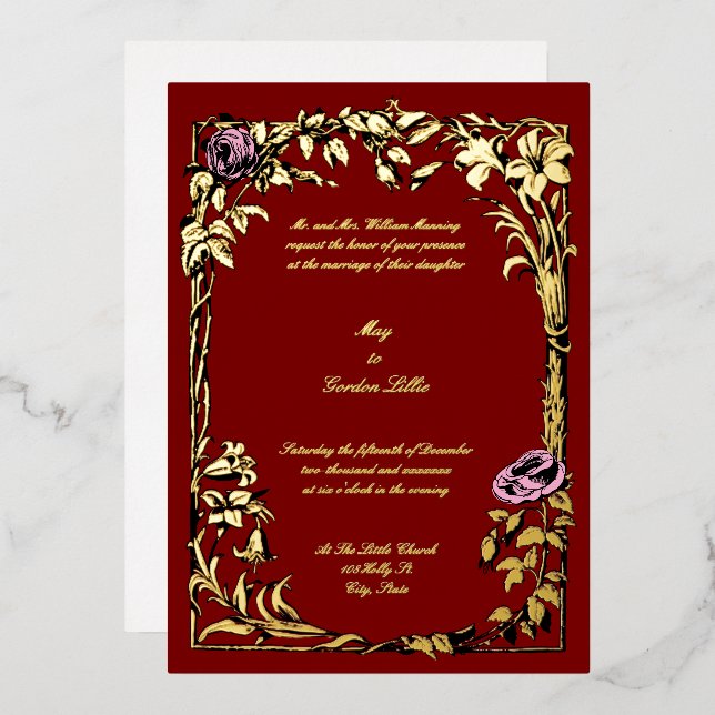 Botanische Rose Vine Border Wedding Folieneinladung (Vorderseite/Rückseite)