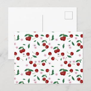 Botanische Rote Kirschen Grünpflanzen & Kirschblüt Postkarte