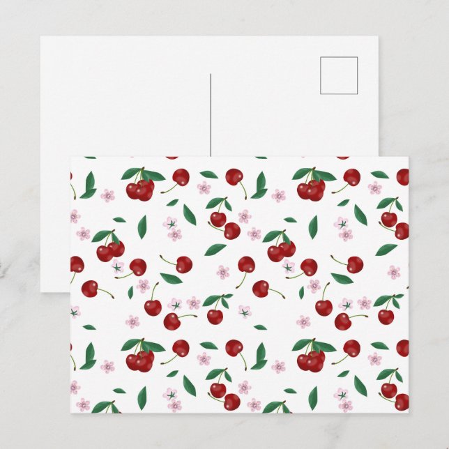Botanische Rote Kirschen Grünpflanzen & Kirschblüt Postkarte (Vorne/Hinten)