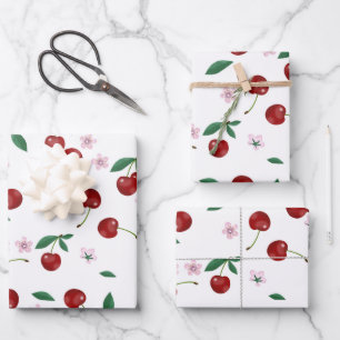 Botanische rote Kirschen Grünzeug & Blüten Geschenkpapier Set