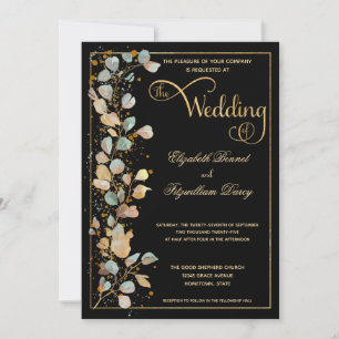 Botanische Schwarz-Gold-Foto-Monogramm-Hochzeit Einladung