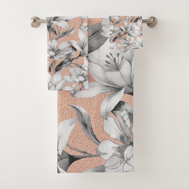 Botanische Schwarz-weiße Rose Gold Glitzer Blume Badhandtuch Set (Insitu)