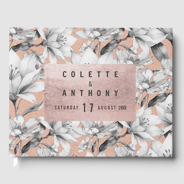 Botanische Schwarz-weiße Rose Gold Glitzer Blume Gästebuch (Vorderseite)