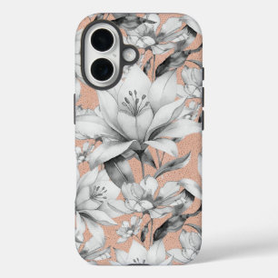Botanische Schwarz-weiße Rose Gold Glitzer Blume iPhone 16 Hülle