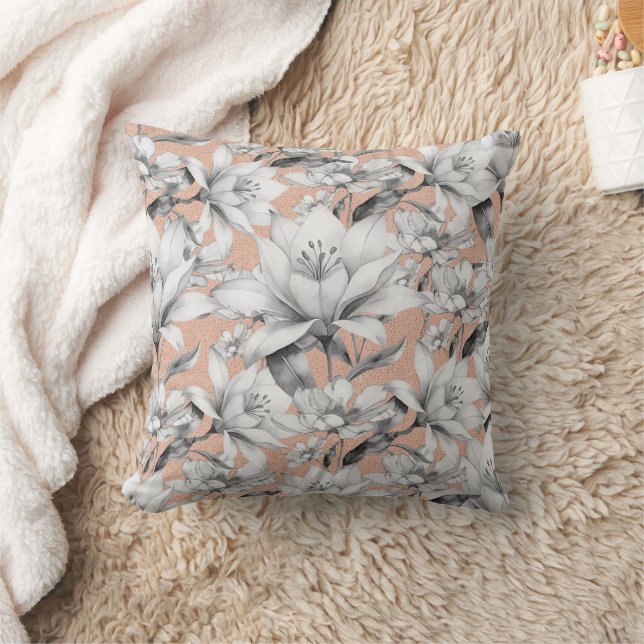Botanische Schwarz-weiße Rose Gold Glitzer Blume Kissen (Decke)