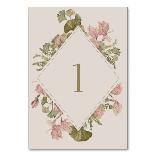 Botanische Soft Warm Taupe Hochzeit | Floral & Fer Tischnummer (Vorderseite)