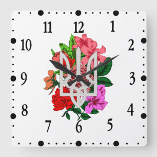 Botanische Stillzeit und ukrainische Trident-Trazu Quadratische Wanduhr