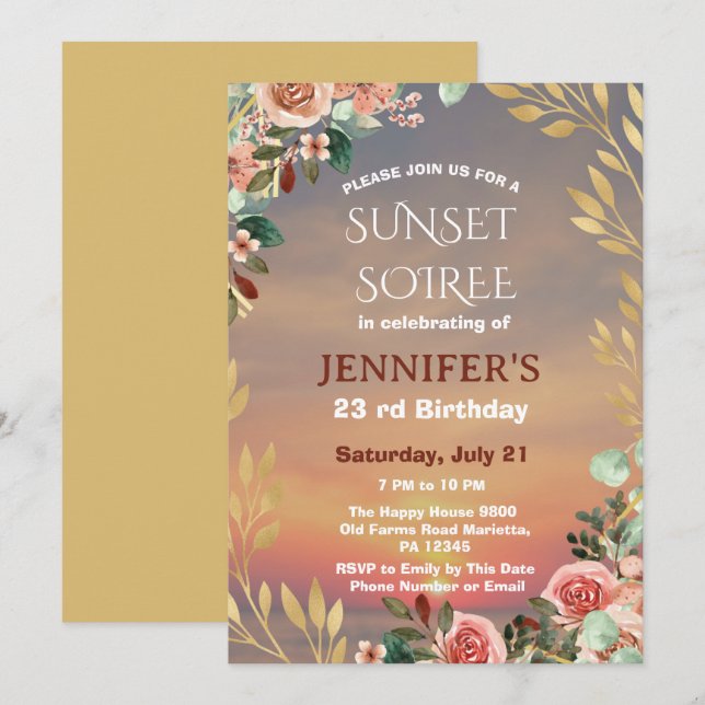 Botanische Sunset Soiree Geburtstagsfeier Einladung (Vorne/Hinten)