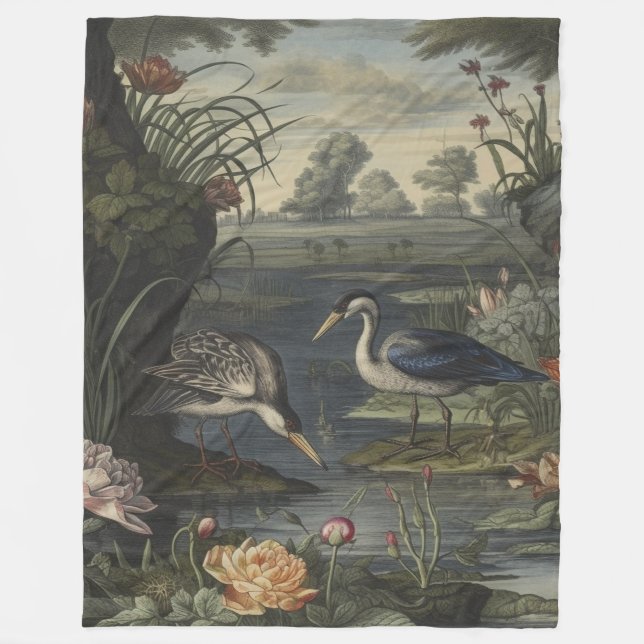 Botanische Szene blauer Krane am Fluss Fleecedecke (Vorderseite)
