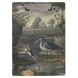 Botanische Szene blauer Krane am Fluss Klemmbrett