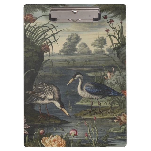 Botanische Szene blauer Krane am Fluss Klemmbrett (Vorderseite)