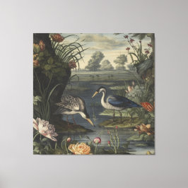 Botanische Szene blauer Krane am Fluss Leinwanddruck