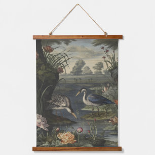 Botanische Szene blauer Krane am Fluss Wandteppich Mit Holzrahmen