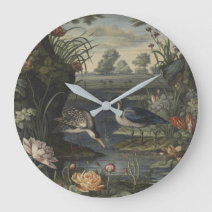 Botanische Szene des blauen Krans an einem Fluss Große Wanduhr