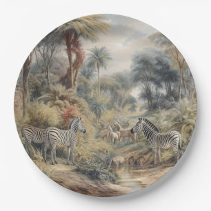 Botanische Szene mit Zebras und Löwen in einer Oas Pappteller