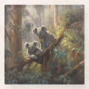 Botanische Szene neugierig Koalas in Eukalyptus-Ba Glasuntersetzer