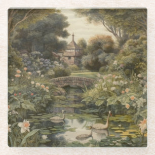 Botanische Szene von Schwänen in einem englischen  Glasuntersetzer