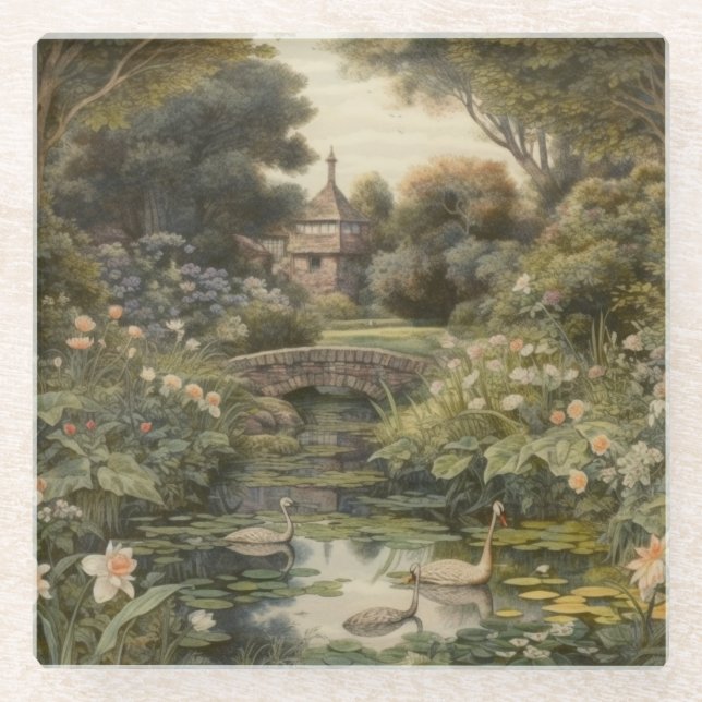 Botanische Szene von Schwänen in einem englischen  Glasuntersetzer (Vorderseite)