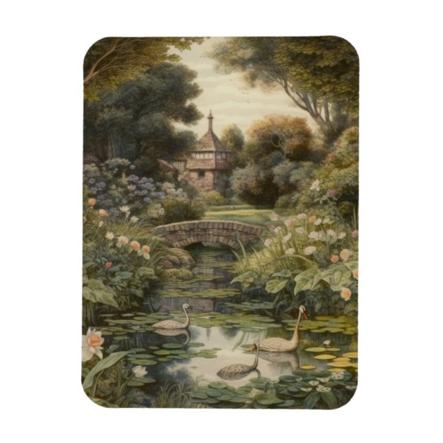 Botanische Szene von Schwänen in einem englischen  Magnet (Vertikal)