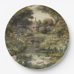 Botanische Szene von Schwänen in einem englischen Pappteller