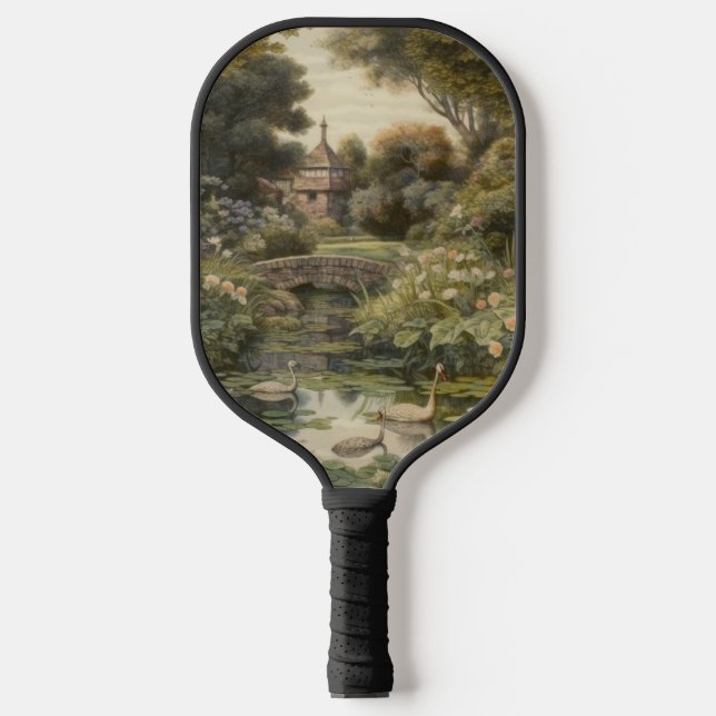 Botanische Szene von Schwänen in einem englischen  Pickleball Schläger (Vorderseite)