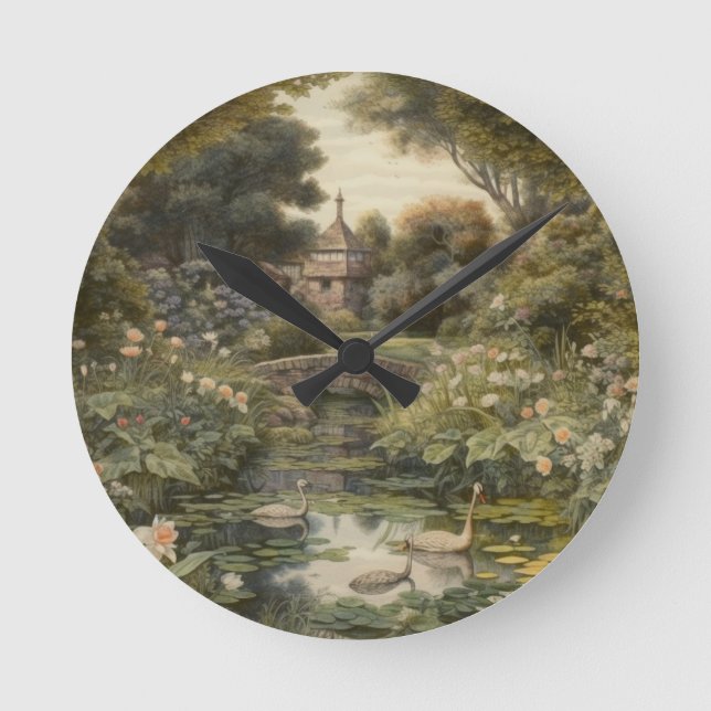 Botanische Szene von Schwänen in einem englischen  Runde Wanduhr (Vorderseite)