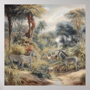 Botanische Szene von Zebras in einer Oase Poster