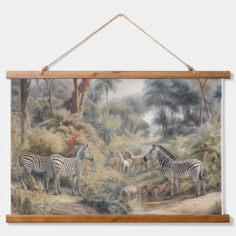 Botanische Szene von Zebras in einer Oase Wandteppich Mit Holzrahmen