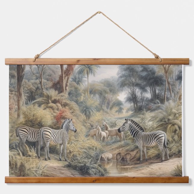 Botanische Szene von Zebras in einer Oase Wandteppich Mit Holzrahmen (Vorne)