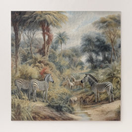 Botanische Szene von Zebras und Löwen in einer Oas