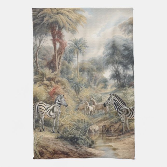 Botanische Szene von Zebras und Löwen in einer Oas Geschirrtuch (Vertikal)
