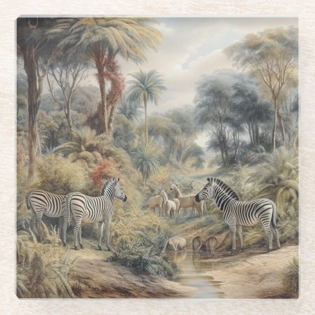 Botanische Szene von Zebras und Löwen in einer Oas Glasuntersetzer (Vorderseite)