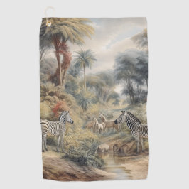 Botanische Szene von Zebras und Löwen in einer Oas Golfhandtuch